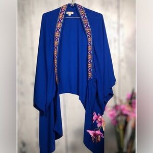 Gianni Bini Royal Blue Open Front Sweater with Colorful Embroidery Medium
